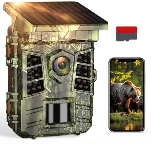 Virotroop Caméra de Chasse Solaire WiFi 4K 60MP, 0,1s Temps de Déclenchement Activé par Mouvement, Camera Chasse à Batterie Rechargeable intégrée 2600 mAh, Vision Nocturne Infrarouge, Carte 32GB, IP66