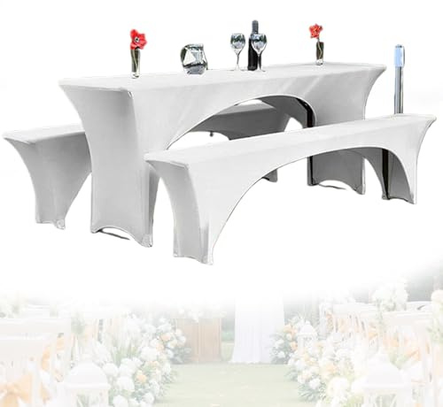 3er-Set Stretch Bierzeltgarnitur, 220x50x70cm Elastisch Biertischhussen, Bierbank Hussen & Biertisch Husse, Bierzeltgarnitur Stretch Hussen, Biertischhusse Premium Waschbar für 50 cm Tisch(Weiß)