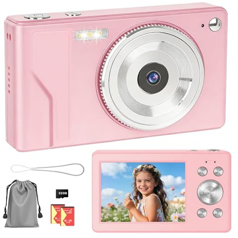 HERBYD Cámara Digital 56MP 1080P FHD con Autofoco, Zoom Digital 16X, Pantalla LCD 2.8, Tarjeta SD 32GB y 2 Baterías - Cámara Compacta Portátil para Niños, y Principiantes (Rosa-2)