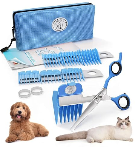 SCAREDY CUT Silent Pet Grooming Kit for Dogs, Cats and All Pet Grooming - A Quiet Alternative to Electric Clippers for Sensitive Pets (Right-Handed Blue)