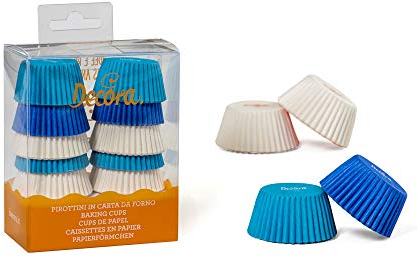 Decora 0339750 Pirottini, Mini Muffin Bianco, Celeste&Blu, Comodissimi Pirottini in Carta da Forno, per Cuocere, Presentare e Regalare dolcetti, Resistono fino a 220°, In comodo Blister, 200 pezzi.