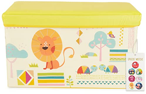 Bieco Aufbewahrungsbox mit Deckel Kinder Zoos, faltbar, Sitzhocker mit Sitzgelegenheit, und Polsterung, Spielzeugkiste mit Stauraum, Sitztruhe, Jungen & Mädchen, 66 L, Belastbar bis 80 Kg, gelb