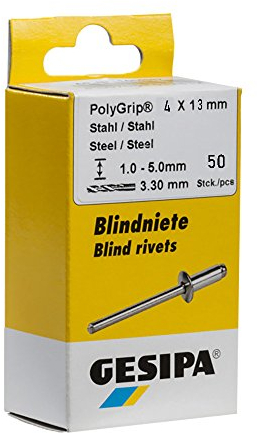 GESIPA Blindniete PolyGrip 50 Stück (Stahl/Stahl 4x13, Nietschaft-ø 4 mm, Scherkraft 1650 N, Zugkraft 2400 N, Flachrundkopf) 1464883