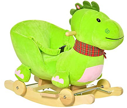 HOMCOM 2 en 1 Caballito Balancín Bebé +18 Meses Balancín Peluche Madera con Ruedas para Rodar Sonido Cinturón de Seguridad Mecedora Balancín 60x32x52cm