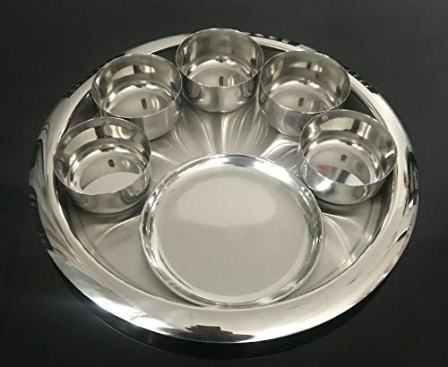 Stainless Steel Indian Thali Set 6 Pcs Restaurant Set Menu Meal Curry Tray 1 Thali Plate and 5 Bowls - 12 inch Thali with 5 Bowls - 8.5x4.4cm