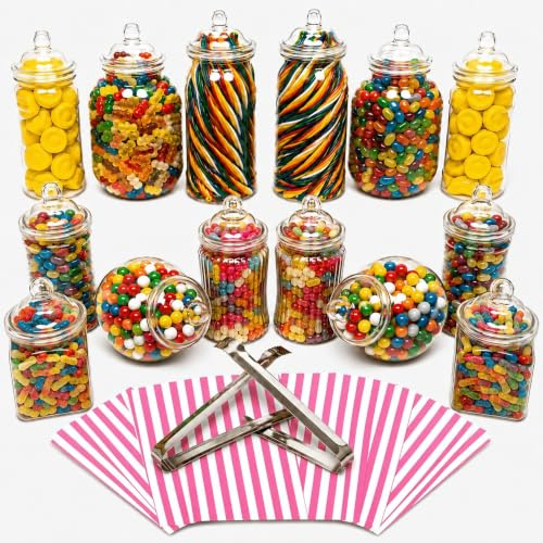 14 Plastic Sweet Jars, 7 Styles, 2 Tongs and 50 Bags. Ideal for Party, Wedding, Sweet Table, Candy Buffet (Pink Candy Stripe Bags)