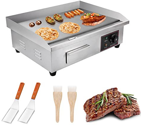 Heuyrao Commercial Electric Griddle, 22 Stainless Steel Countertop Flat Top Grill with Cast Iron Cooking Plate, 122℉-572℉ Adjustable Temp, 3000W Teppanyaki Grill for Home Kitchen Restaurant Hotel