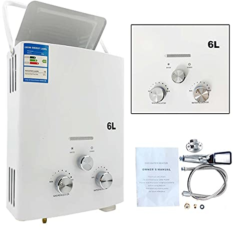 ECUTEE LPG Chauffe-eau instantané au gaz propane 6 l 12 kW Brûleur portable sans réservoir avec kit de pommeau de douche pour petites maisons, cabines de voilier, pour camping-cars, camping, blanc