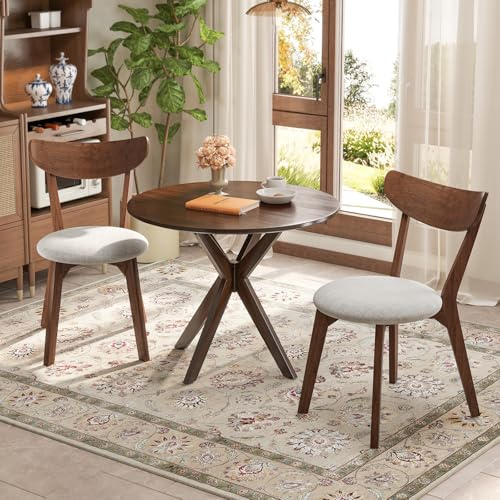 Tangkula Mid-Century Modern Round Dining Table Set for 2, Wooden Kitchen Table & 2 Chairs with Cushioned Seats, Compact 3-Piece Dining Set for Small Spaces, Kitchen, Living Room