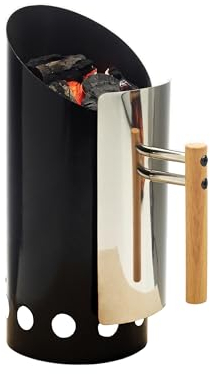 Joyagrill Chimenea de carbón con doble esmalte, con escudo térmico y mango de madera, gran aislamiento térmico para parrilla, arranque de carbón de fácil agarre, color negro