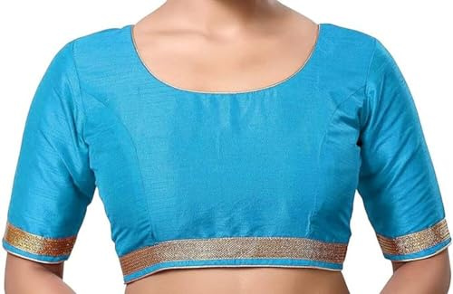 The India's Store Indian Women's Silk Stitched Half Sleeve Saree Blouse Top Dupion Readymade Ethnic Tunic Sari Choli Round Neck Sky Blue