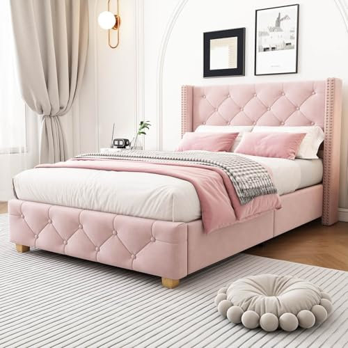 PUGSDRLY Lit 90 x 200 avec Sommier à Lattes,Lit 1 Place avec Tête Capitonné,Tissu de Velours,Design Rivets,Pieds en Bois,pour Enfant Adolescent Adulte,sans Matelas,Rose