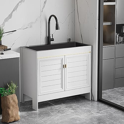 Évier utilitaire à linge avec armoire et robinet, évier de cuisine autoportant avec étagères de rangement et égouttoir pour garage, restaurant, cuisine, buanderie – intérieur/extérieur – Robinet