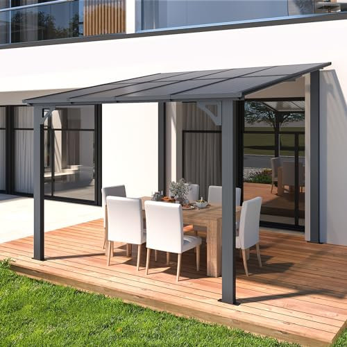 U-MAX 2.4m x 2.4m Aluminium Gazebo,Wall-Mounted Awning Gazebo，Lean to Pergola,Hardtop Roof Heavy Duty Metal Pergola for Outdoor Garden