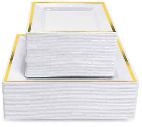 MATANA 120 Weiße Plastikteller mit Goldrand (Eckig, 2 Größen) - Stabile Partyteller, Kunststoffteller - Mehrweg Partygeschirr für Hochzeiten, Geburtstage, Weihnachten & Partys