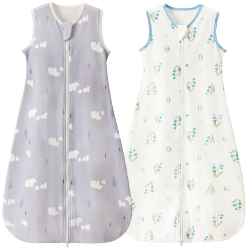 Nivolltha Super Weich 2er 0.5 TOG Baby Schlafsack, 100% Baumwolle Premium Qualität Sommerschlafsack Baby 6-18 Monate, Bären und Glockenblume, Größe M