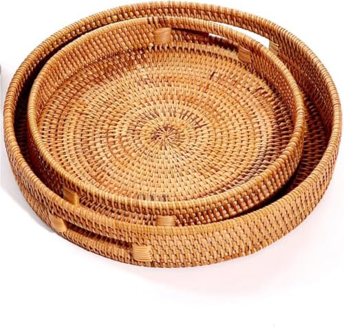 Rund rottingserveringsbricka med skurna handtag, handflätad dekorativ bricka, lämplig för frukost, drycker, snacks och ljus (set om 2, 25 cm, 30 cm)