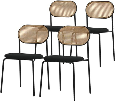 ML-Design Esszimmerstühle 4er Set, Schwarz, Küchenstuhl mit Rattan Rückenlehne, Gepolsterte Stühle mit gebogener Netzrücke, Rattanstuhl mit Stahlbeinen, Polsterstühle Akzentstühle für Esszimmer Küche