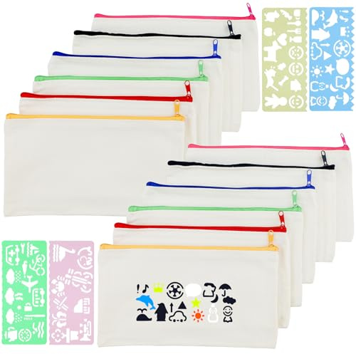 Lot de 14 Sacs en Tissu Vierge DIY – 21 x 12 cm – Avec 4 Modèles de Dessin – Sacs Colorés à Peindre, Trousses à Crayons, Maquillage et École, Pochette Coton, Pochette Tissu Zippée