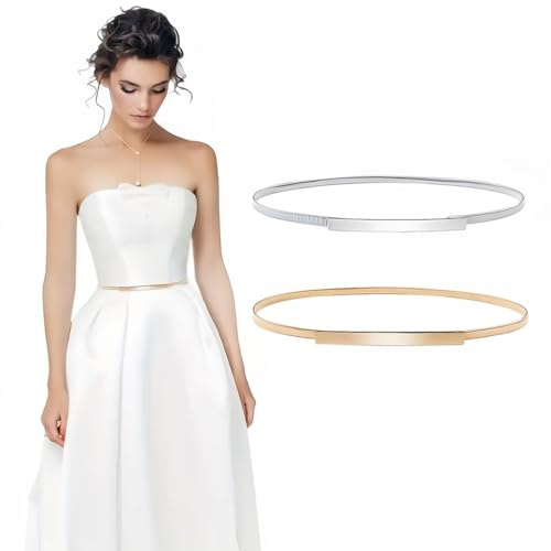 WUSJCOF 2PCS Cinturón Dorado Mujer Fiesta, Cinturón Elástico Mujer Fino de Metal con Strass, Accesorios de Moda para Vestidos y Ceremonias