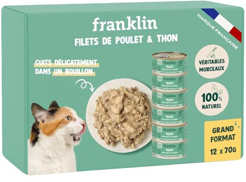 FRANKLIN – Nourriture Humide pour Chat – Filet Poulet et Thon cuit au Bouillon – 100% Naturel, sans Additifs – Texture Savoureuse – Riche en Protéines – Faible en Calories – Lot 12 x 70g
