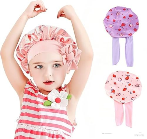 AffeGifts Lot de 2 Bonnet Satin Enfant, Réglables en Satin avec Large Bande Souple, pour Cheveux Naturels et Tresses Bouclées, pour Filles 4 à 12 Ans