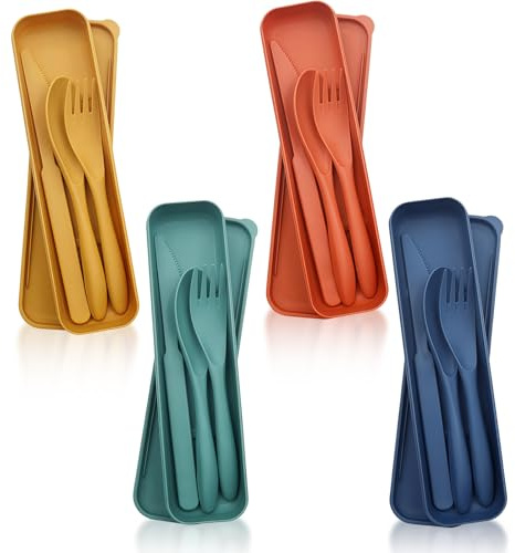Tarqite 4 Pièces Couverts en Plastique, Couvert Voyage avec Étui, Set de Couverts Camping Portable Réutilisables avec Cuillère, Couteau et Fourchette pour Déplacements, Bureau, L'école et Pique-niques