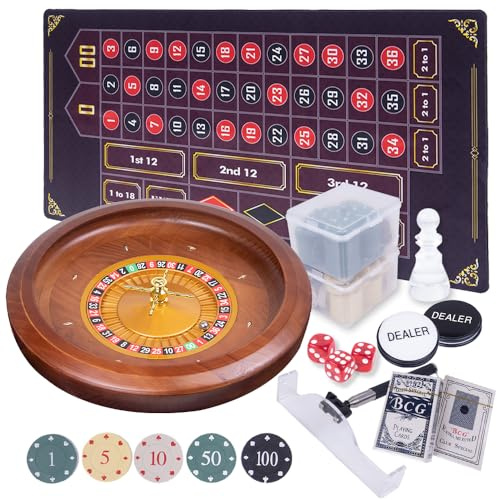 Wooden Roulette Wheel Set,20 Inch Solid Wood Roulette Wheel With Retractable Chip Rake,200 Chips, Roulette Marker, 2 Decks of Cards, 3 Dices,1 Dealer Button Win Marker, 6 Roulette Balls, 1 Storage Bag