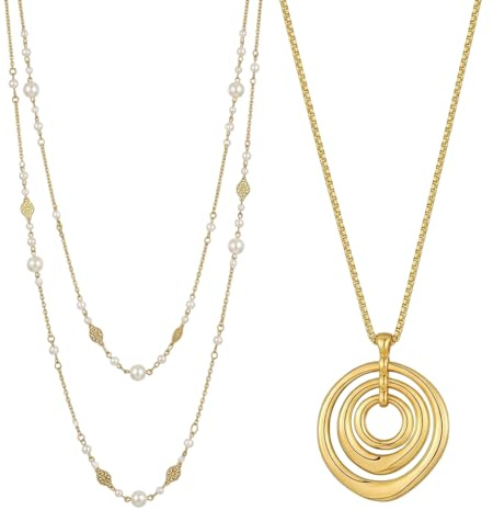 ZKFSIE Long Gold Necklaces for Women, Long Golden Pearl Necklaces for Women, Fashionable Layered Jewelry for Daily Wear and Special Occasions, Two Elegant Golden Necklaces with Adjustable Lengths