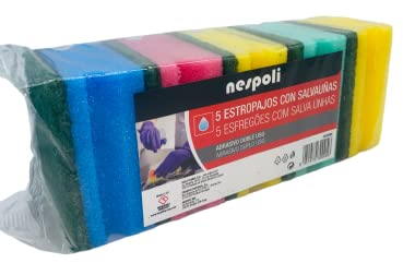 Nespoli Pack 5 Estropajos para Lavaplatos, Esponja con Abrasivo, con Forma Salvauñas, 6,5x8,5x4 cm, Especial Cocina