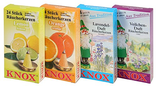 KNOX Räucherkerzen - 4er Set Größe M - Frühlingsdüfte - Lemon, Orange, Lavendel, Veilchen - 4x24 Stück - Made in Germany