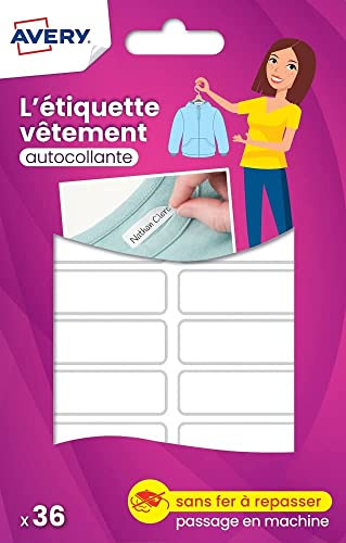 Avery Étiquettes Autocollantes Blanches Inscriptibles 36 Pièces - autocollant Personnalisable à l'aide d'un marqueur permanant - Durable Lavable jusqu'à 40C et sèche-linge - 1,3 x 4,5 cm