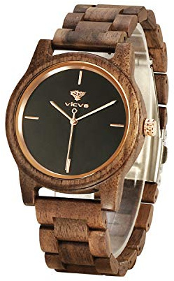 VICVS Relojes de Madera para Hombre y Mujer, Nogal Natural/Madera de Cebra Cronógrafo de Cuarzo japonés, Correa Ajustable, Deportes Militares y Ocio (Walnut)