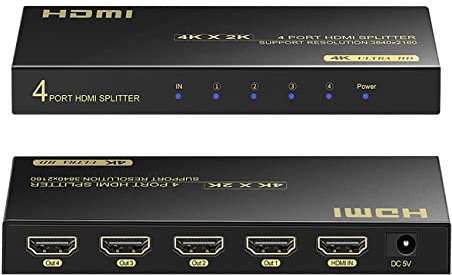 4K HDMI Splitter 1 in 4 Out, HDMI Splitter 1 Input 4 Output Support 4K 60Hz Full HD 1080P and 3D, Compatible with Xbox PS3/4 Roku Blu-Ray Player