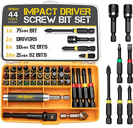 Hi-Spec Juego de Puntas de Impacto para Taladro Destornillador de 44 Piezas. Brocas para Herramientas Eléctrica con Cuerpo Hex con Maletin de Almacenamiento