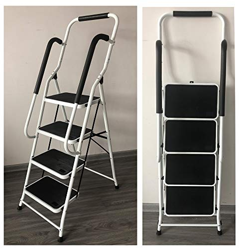 Escabeau 4 Marches Pliant de Sécurité, Main Courante de Sécurité, Acier Robuste, Pliable, pPortable avec Tapis en Caoutchouc Antidérapant – Charge de 150kg