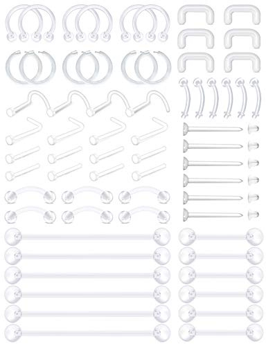 D.Bella Anillo de labio de acrílico transparente UV flexible de 16 g, retenedor de tragus, cartílago de hélice transparente, retenedor de joyería