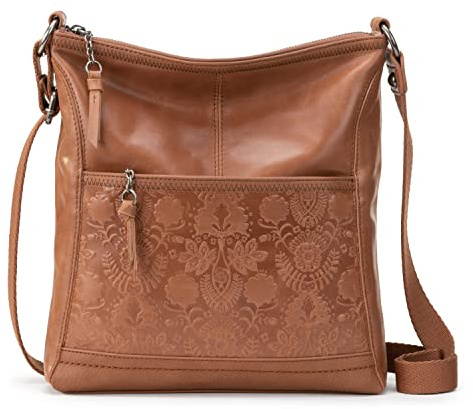 The Sak Womens Iris Crossbody in Leather Casual Purse With Adjustable Strap Zipper Pockets, Tobacco Floral Embossed, One Size US