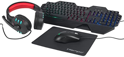 Intempo EE7223STKUK7 Quest Gaming Set, Backlit Keyboard, Microphone Headset, Precision Mouse & Mousepad, Colourful LED Lights, USB Connectivity, 4 in 1, Gaming Starter Set, UK Keyboard Layout, Black
