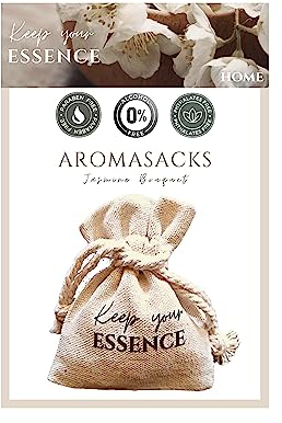 Aromasacks Home - Deodorante per armadi e cassetti. Profumo di fiori di gelsomino. Durata 8 settimane. Sacchetto di lino con perle aromatiche. Essenza naturale 0% Alcool
