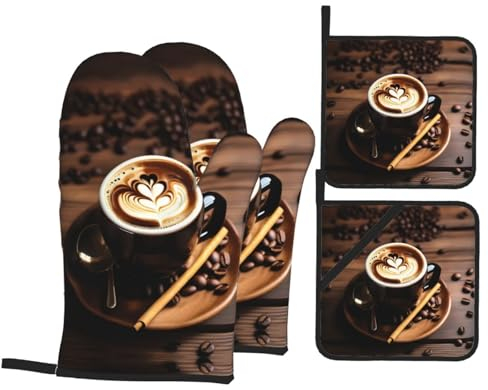 Köstliche Ofenhandschuhe und Topflappen mit Herz-Kaffee-Aufdruck, rutschfeste Topflappen für Küche, dicke Topflappen zum Backen und Grillen