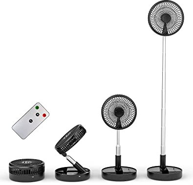 Primevolve 7.7 Inch Portable Standing Foldable Pedestal Electric Fan with Remote Control and 7200mAh Rechargeable Battery - Silent Fan for Bedroom/Office/Travel - Black