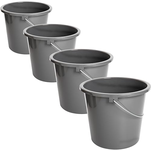 Putzeimer 10l Haushalteimer, Eimer 4er Set, Wischeimer mit Meßskala und Metallgriff, Putzkübel aus Kunststoff, Plastikeimer ohne BPA, Wascheimer grau, langlebig, vielseitig und robust, Made in EU