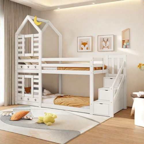 Sapgaks Lit cabane Enfants 90x200 Lit superposé Enfant lit Double lit Simple, avec tiroir et Protection Anti Chute, 90 x 200 cm, lit Mezzanine pour Enfants, 2 sommiers à Lattes, Blanc