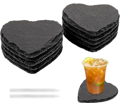 GBACHOOSE 10 sottobicchieri in ardesia, 100% a forma di cuore, in ardesia naturale, con gesso, piatti da portata in ardesia per sushi, formaggio, matrimonio, San Valentino
