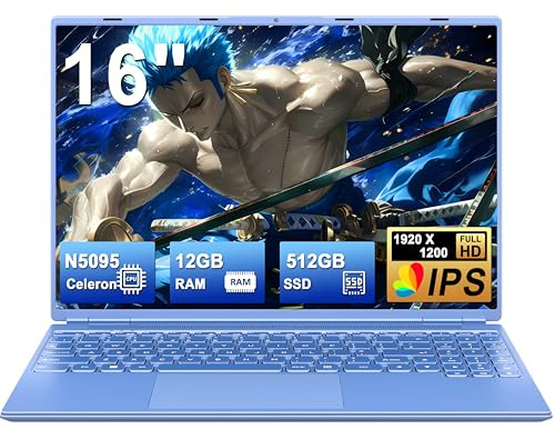 NOTODD Ordinateur Portable 16 Pouces, 4 cœurs Celeron N5095 (jusqu'à 2,9 GHz) 12+512GB SSD Soutien Extension 1TB,PC Portable Gamer Win11 avec 5G WiFi 1920x1200 BT4.2 AZERTY Clavier Couverture-Bleu