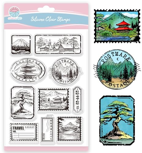 GLOBLELAND Sellos Transparentes de Paisaje para la Fabricación de Tarjetas, Sello de Silicona con Fondo Monte Fuji, Sellos Transparentes de Pinos para Manualidades, Scrapbooking, Álbum de Fotos