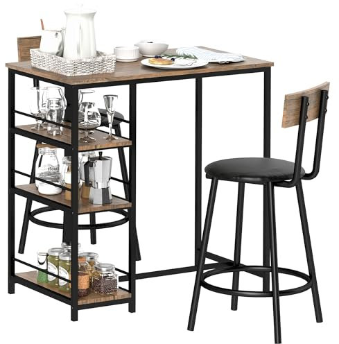 HOMCOM Bartisch mit Barhocker Set, Bartisch-Set für 2 Personen mit 2 Gepolsterten Barstühlen, Rückenlehne, Küchentisch mit 3 Ablagen, im Modern-Stil, Bartheke für Esszimmer, Küche, Stahl, Eiche