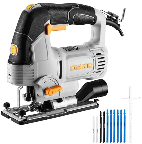 Electric Jigsaw Tool: DEKOPRO 800W Power Jig Saws with LED Light Laser, 4 Orbital Sets, 6 Variable Speed, 800-3000 SPM, ±45°Bevel Cutting Cut Blades, with 10 PCS Sawblades for Wood, Metal, Plastic