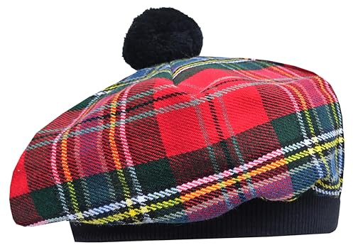 Tam O' Shanter Hat - Classic Tammy Hat Acrylic Wool Flat Bonnet Pom Pom – Perfect Scottish Tartan Beret Style Cap Daily Wear – One Size Fits All (UK, Alpha, One Size, Maclean of Duart Red)